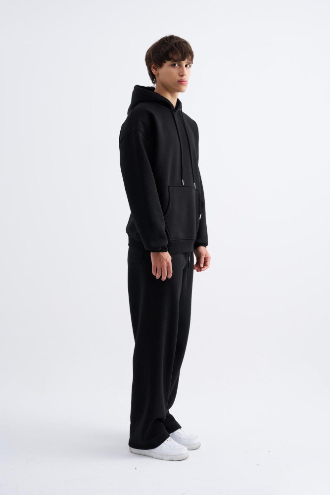 Erkek Basic Kapüşonlu Oversize Siyah Sweatshirt görsel 5