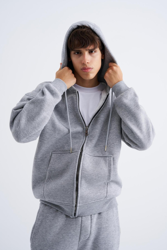 Oversize Fermuarlı Cepli Kapüşonlu Basic Sweatshirt GRİ MELANJ