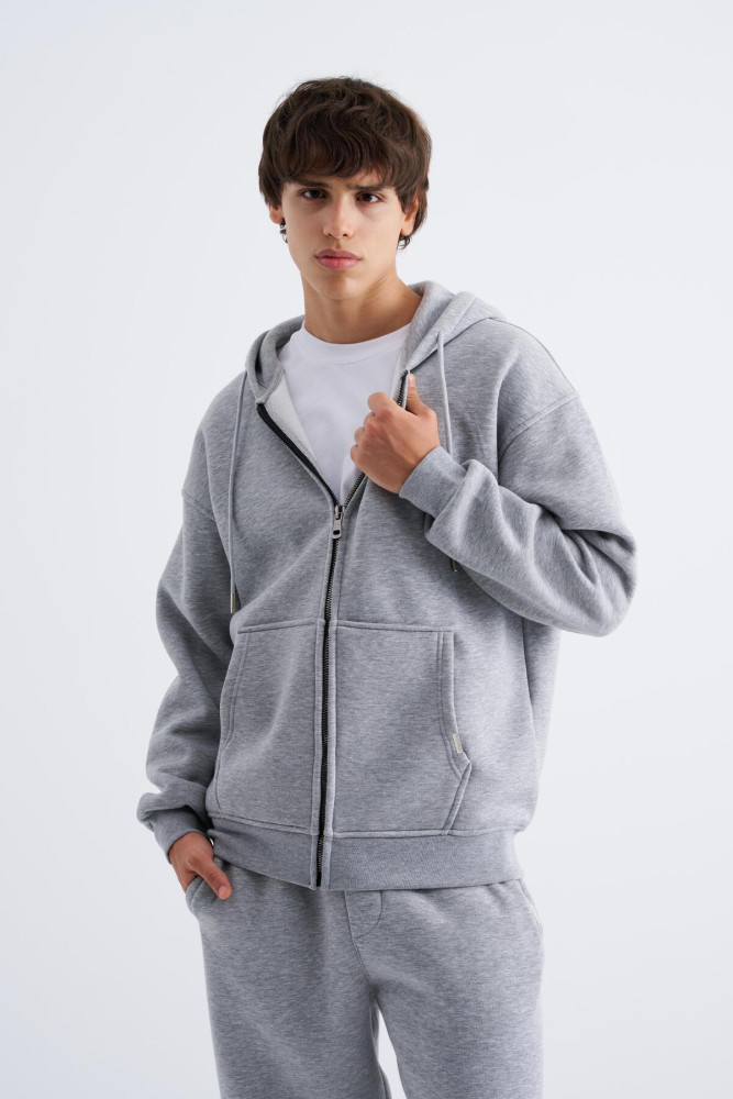 Oversize Fermuarlı Cepli Kapüşonlu Basic Sweatshirt GRİ MELANJ görsel 2