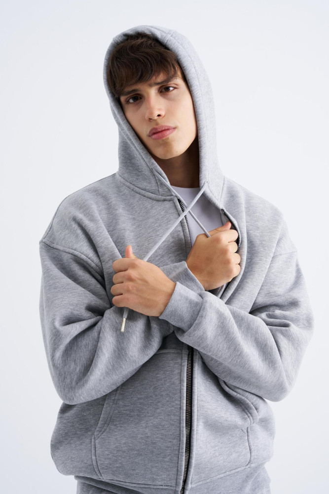 Oversize Fermuarlı Cepli Kapüşonlu Basic Sweatshirt GRİ MELANJ görsel 3