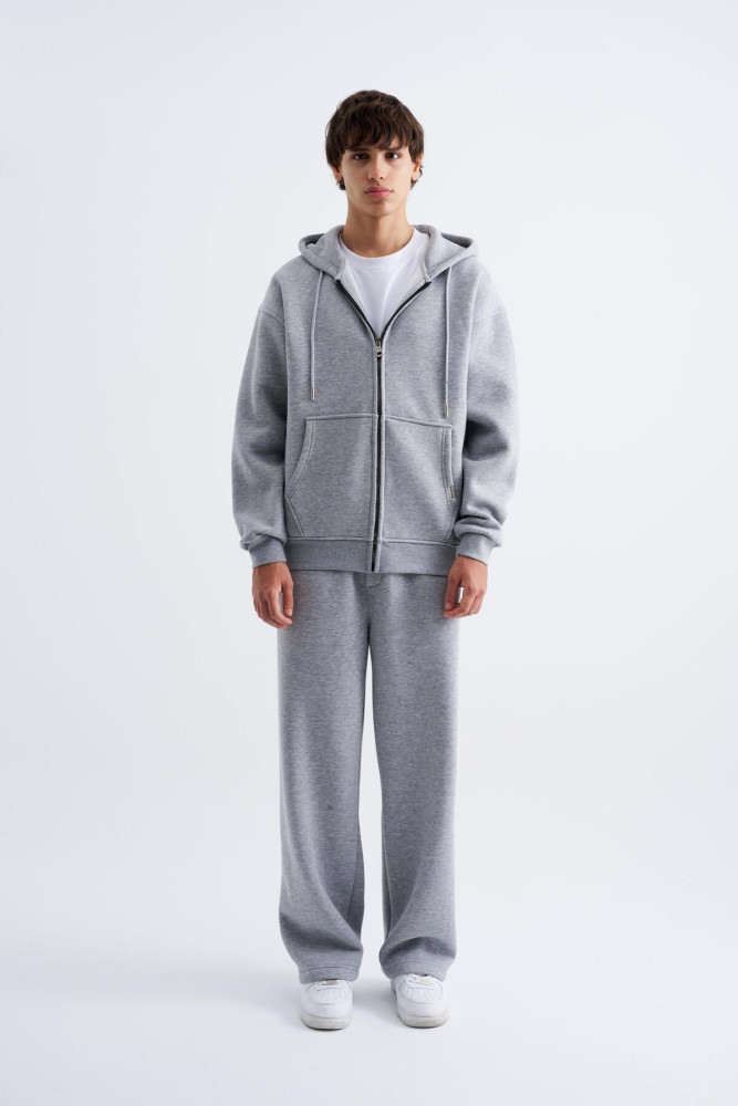 Oversize Fermuarlı Cepli Kapüşonlu Basic Sweatshirt GRİ MELANJ görsel 4
