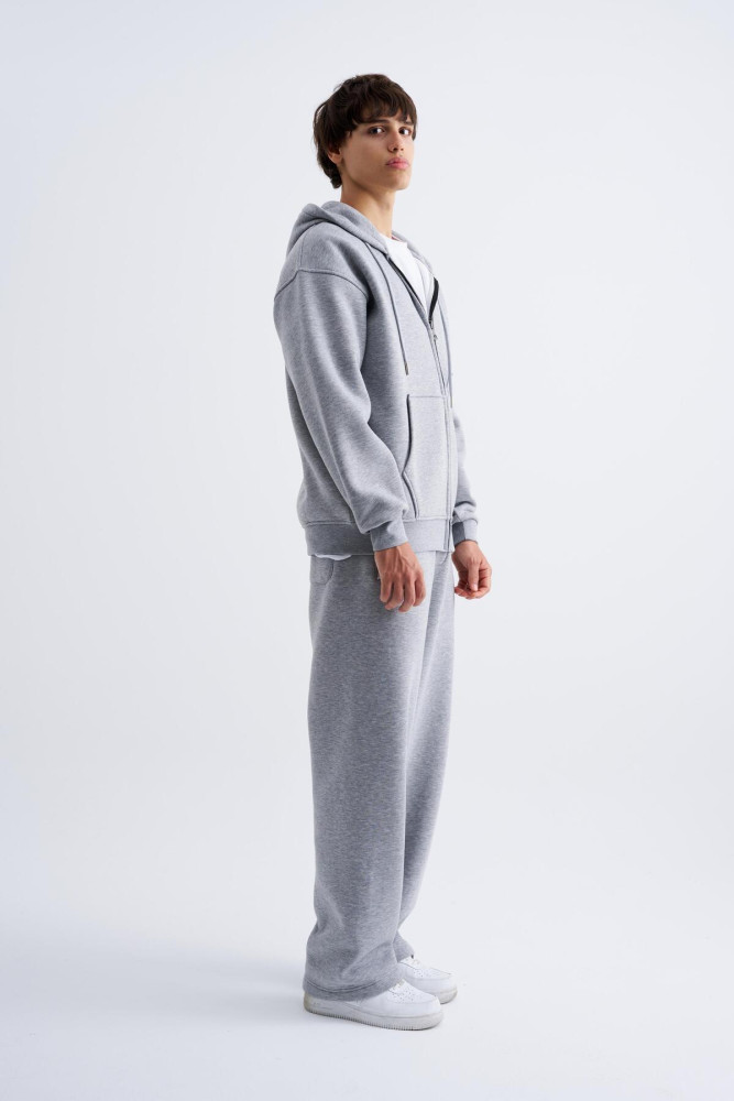 Oversize Fermuarlı Cepli Kapüşonlu Basic Sweatshirt GRİ MELANJ görsel 5