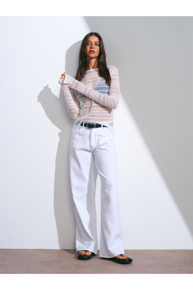 71480 Dökümlü Kumaş Geniş Denim Pantolon-Beyaz