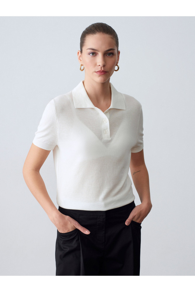 10871 Lyocell Karışımlı Polo Yaka Bluz-Ekru
