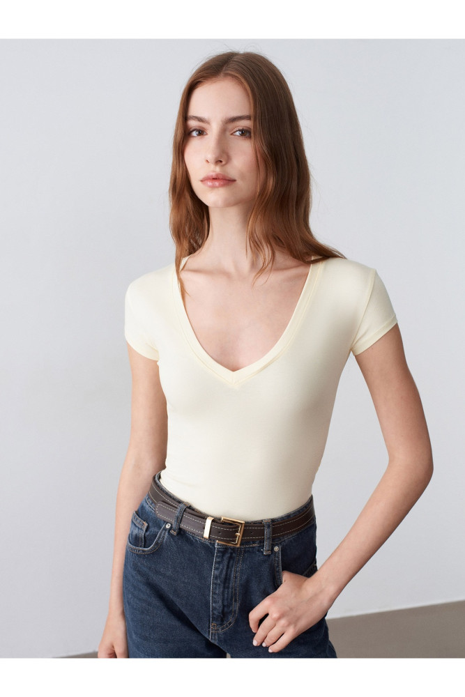 32799 V Yaka Top-Açık Sarı görsel 3