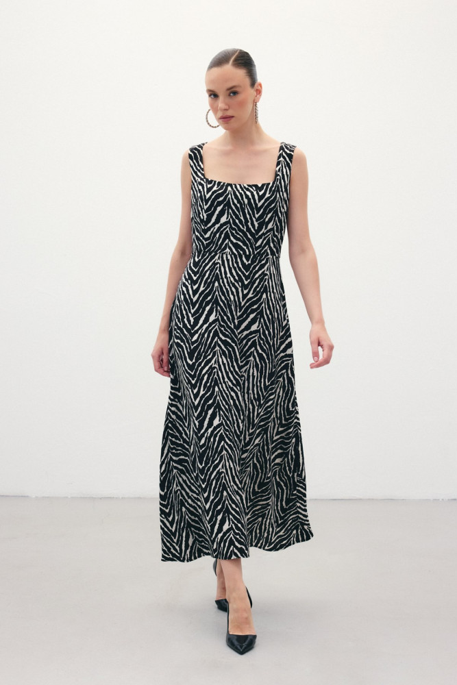 Kare Yaka Zebra Desenli Elbise - Siyah görsel 2