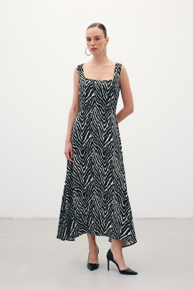 Kare Yaka Zebra Desenli Elbise - Siyah görsel 3