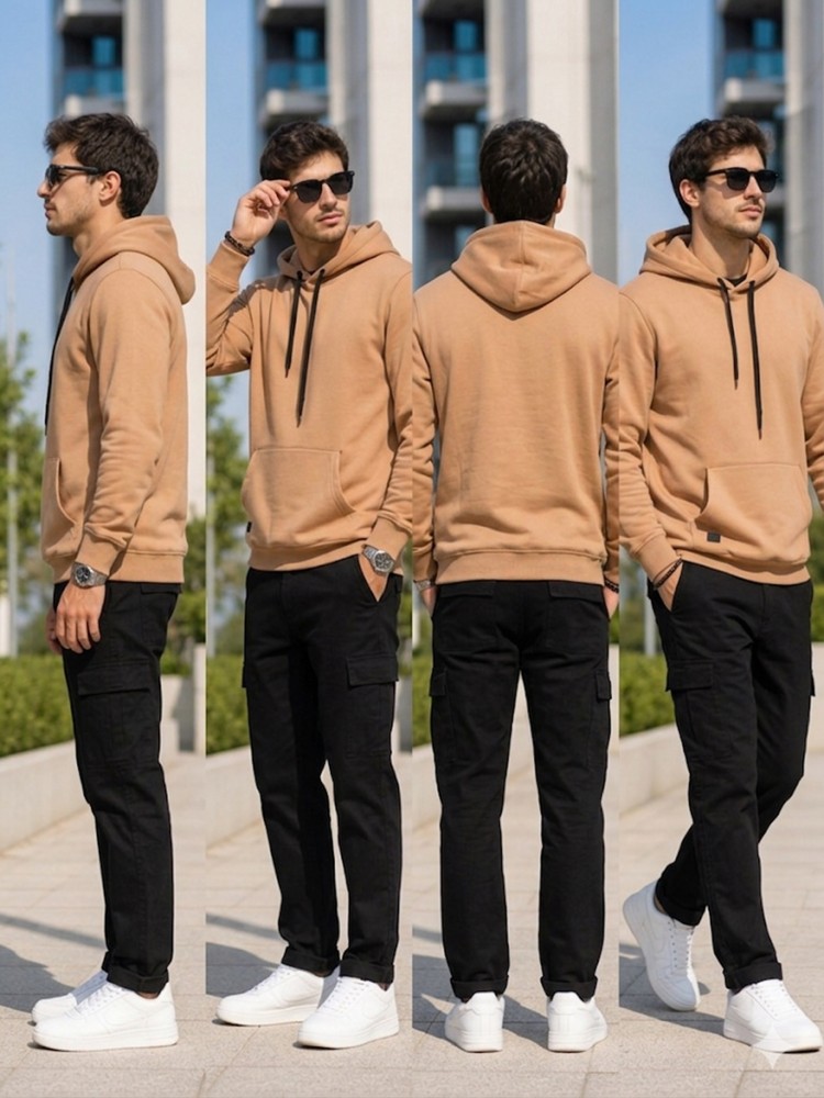 Erkek Bej Kapşonlu Sweatshirt görsel 4