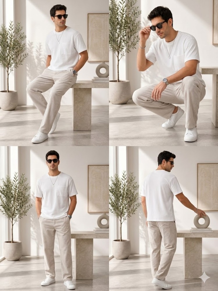 Erkek Beyaz Bisiklet Yaka Basic T-Shirt görsel 4