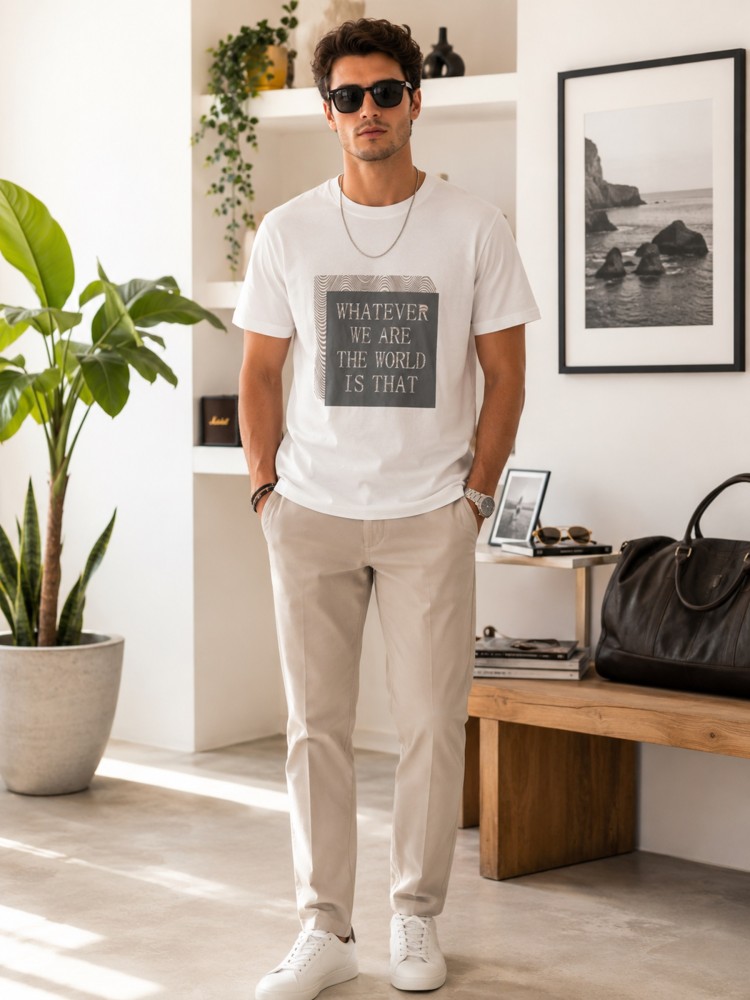 Erkek Beyaz O Yaka Basic T-Shirt