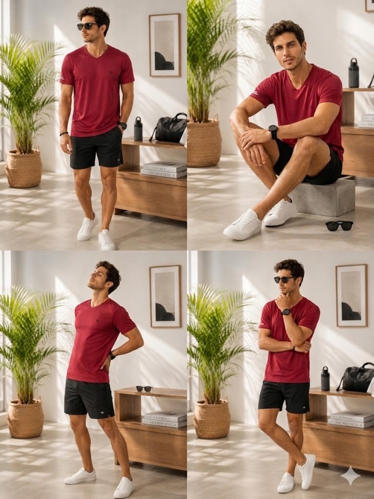 Erkek Bordo V Yaka T-Shirt görsel 4