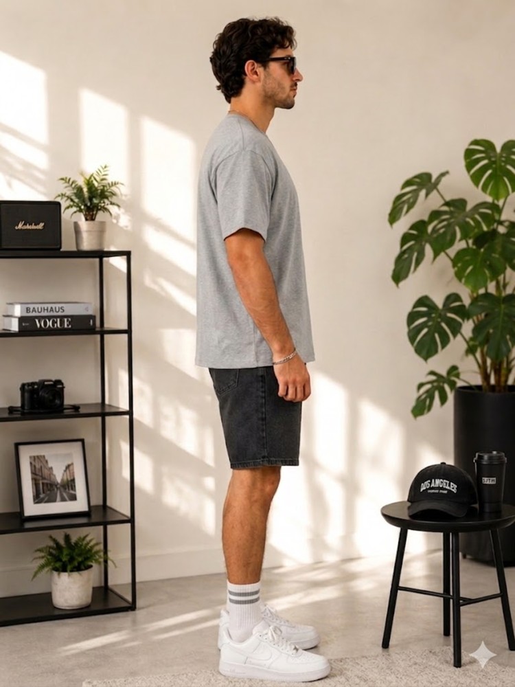 Erkek Gri O Yaka Basic T-Shirt görsel 2