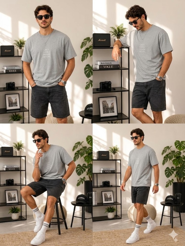 Erkek Gri O Yaka Basic T-Shirt görsel 4