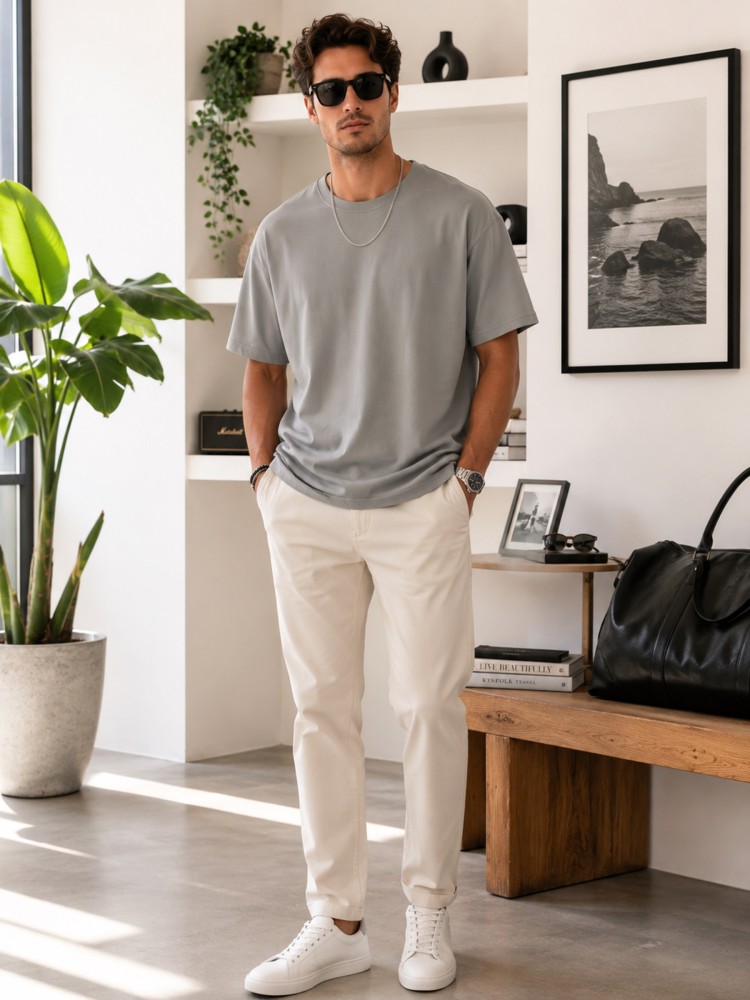 Erkek Gri O Yaka Basic T-Shirt