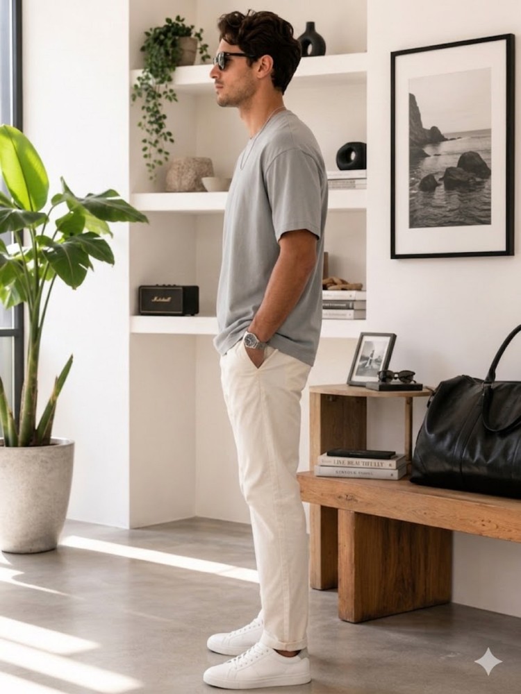 Erkek Gri O Yaka Basic T-Shirt görsel 2