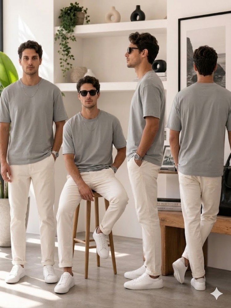 Erkek Gri O Yaka Basic T-Shirt görsel 4