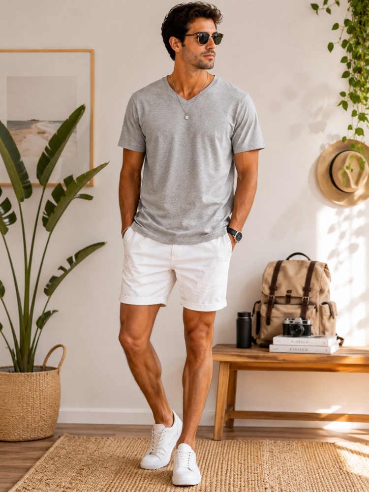Erkek Gri V Yaka Slim Fit T-Shirt