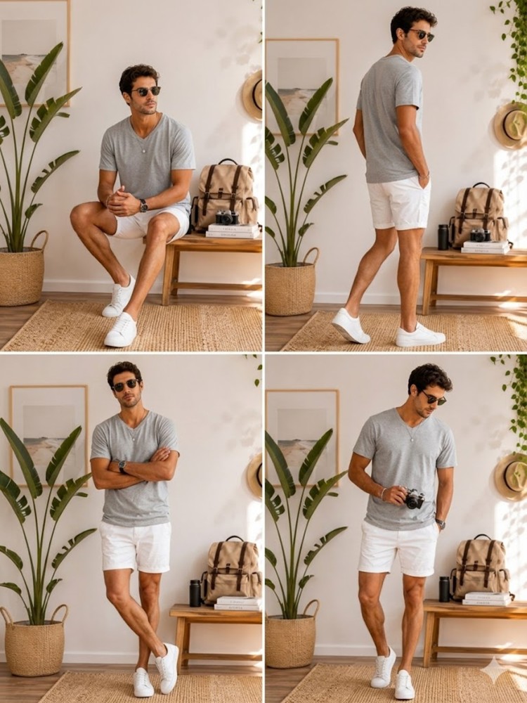 Erkek Gri V Yaka Slim Fit T-Shirt görsel 4