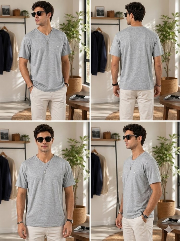 Erkek Gri V Yaka Slim Fit T-Shirt görsel 4