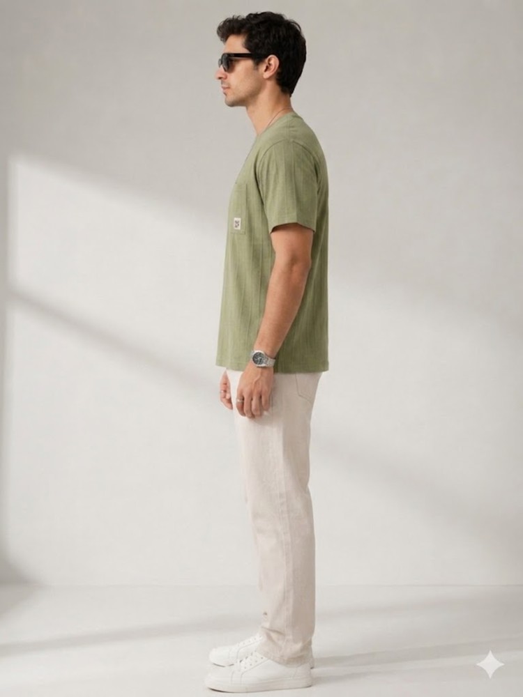 Erkek Haki O Yaka Basic T-Shirt görsel 2