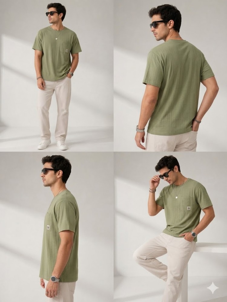 Erkek Haki O Yaka Basic T-Shirt görsel 4
