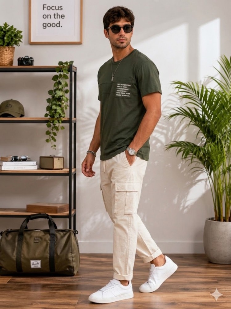 Erkek Haki O Yaka Basic T-Shirt görsel 2