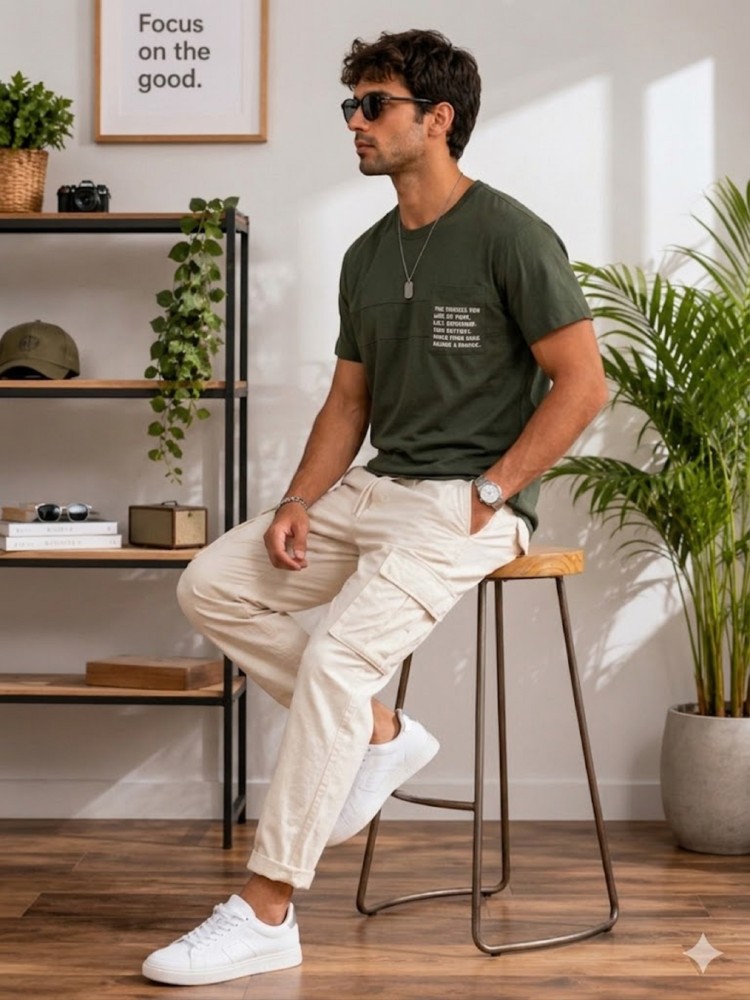 Erkek Haki O Yaka Basic T-Shirt görsel 3