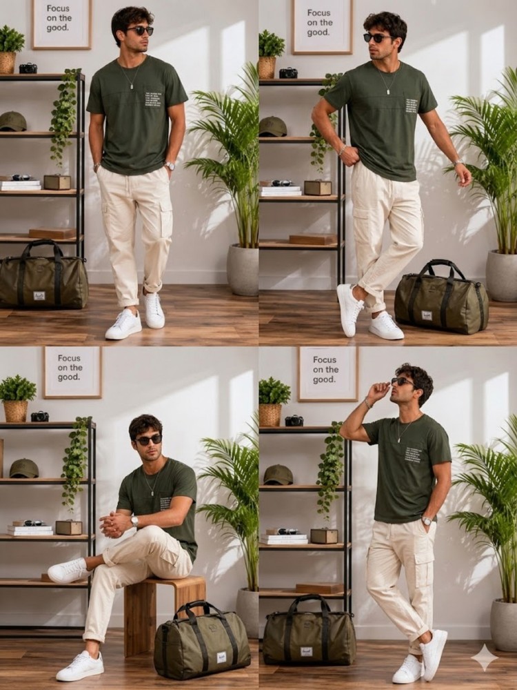 Erkek Haki O Yaka Basic T-Shirt görsel 4