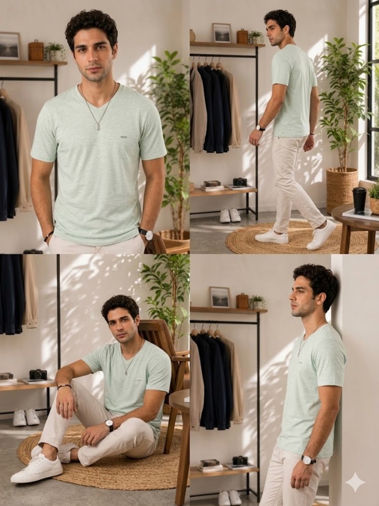 Erkek Haki V Yaka Slim Fit T-Shirt görsel 4