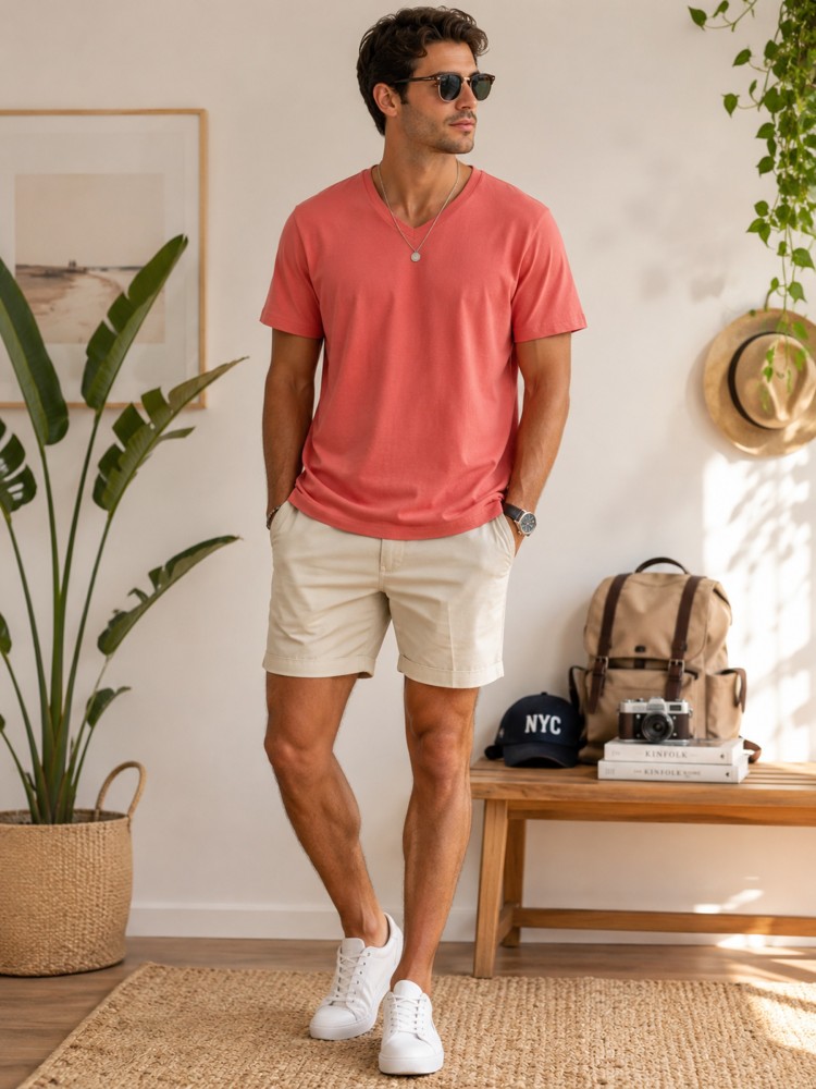 Erkek Nar Çiçeği V Yaka Slim Fit T-Shirt