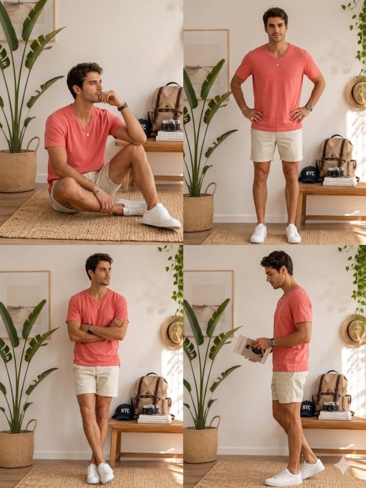 Erkek Nar Çiçeği V Yaka Slim Fit T-Shirt görsel 4