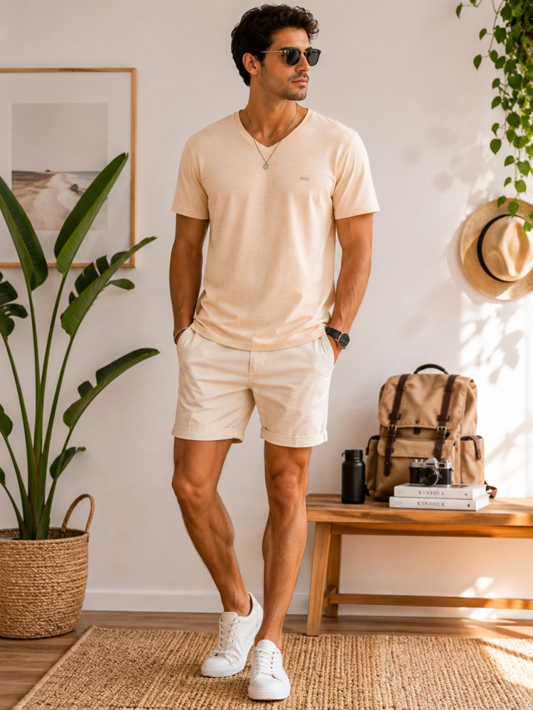 Erkek Sarı V Yaka Slim Fit T-Shirt görsel 2