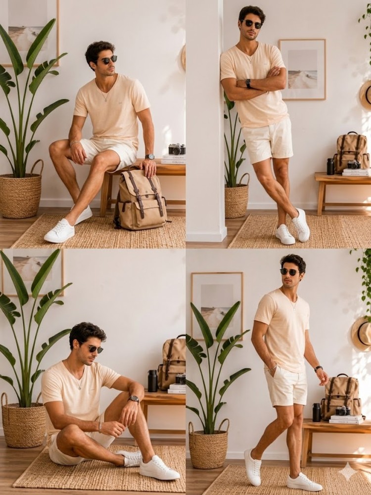 Erkek Sarı V Yaka Slim Fit T-Shirt görsel 4