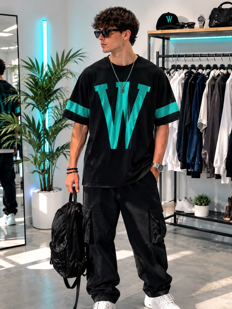 Erkek Siyah Baskılı Oversize T-Shirt
