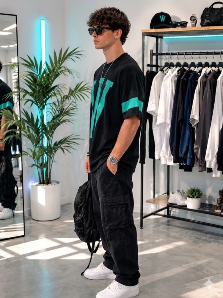 Erkek Siyah Baskılı Oversize T-Shirt görsel 2