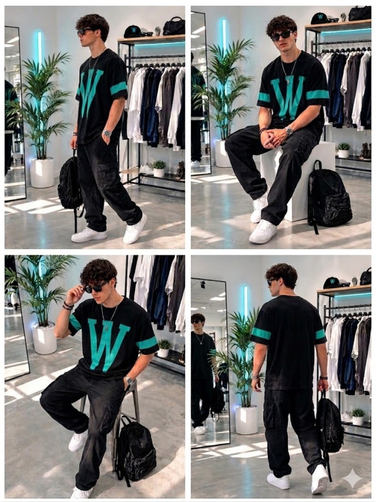 Erkek Siyah Baskılı Oversize T-Shirt görsel 4