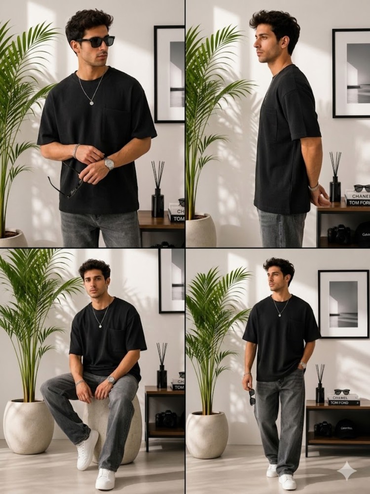 Erkek Siyah Bisiklet Yaka Basic T-Shirt görsel 4