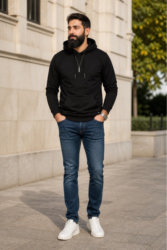 Erkek Siyah Kapşonlu Sweatshirt