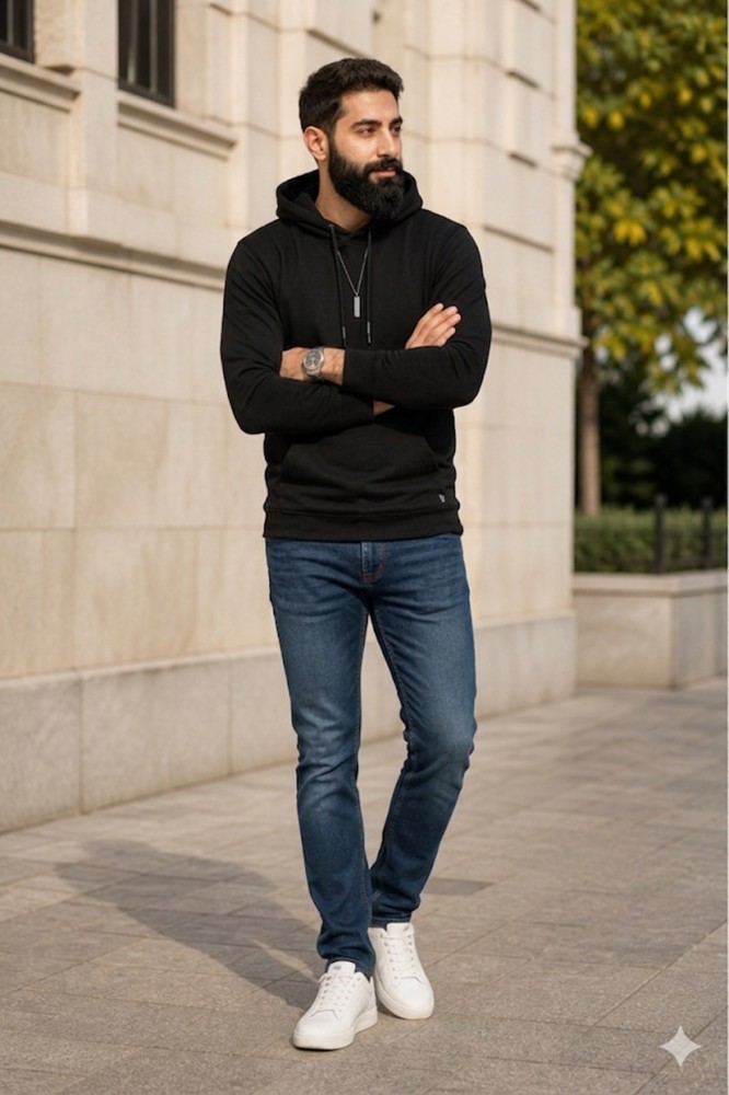 Erkek Siyah Kapşonlu Sweatshirt görsel 2