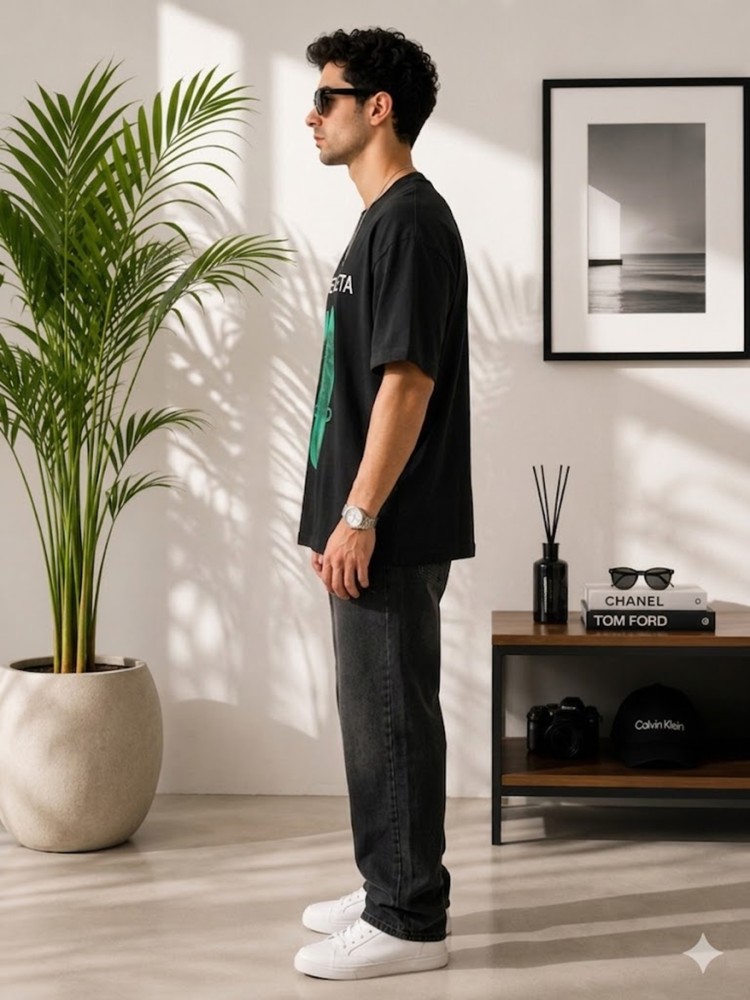 Erkek Siyah Oversize T-Shirt görsel 2