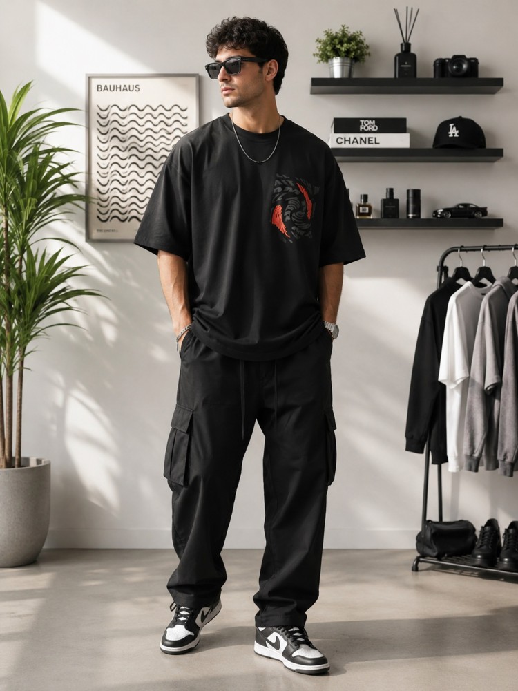 Erkek Siyah Sırt Baskılı Oversize T-Shirt