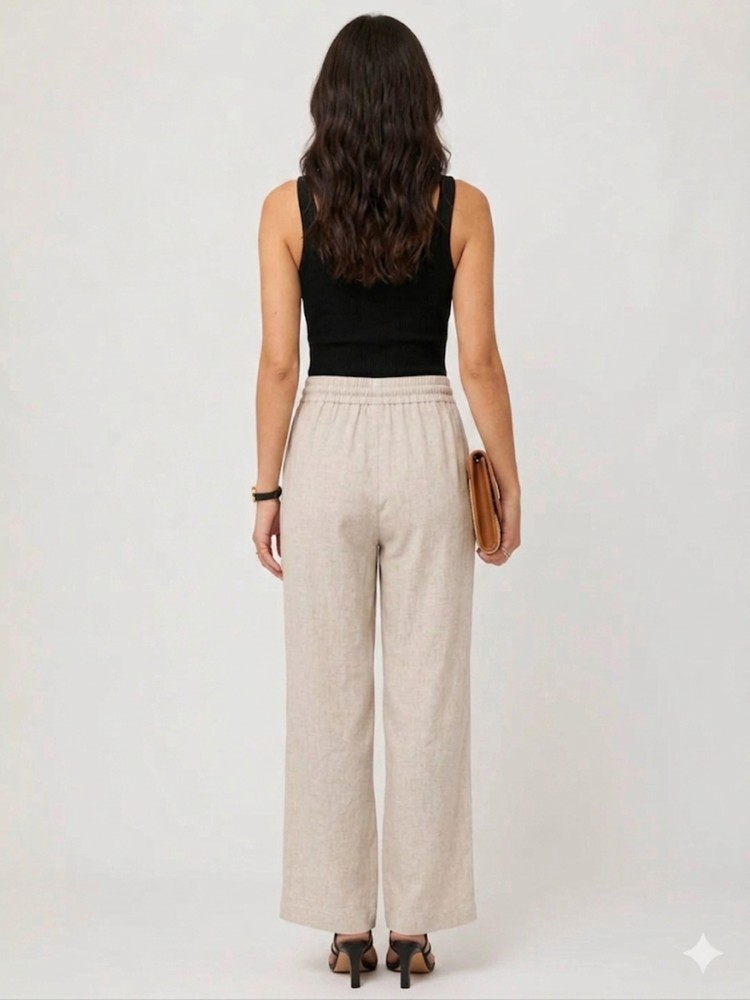 Kadın Bej Bol Paça Keten Pantolon görsel 3