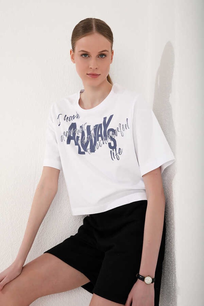 Kadın Beyaz Baskılı Drop T-Shirt görsel 2