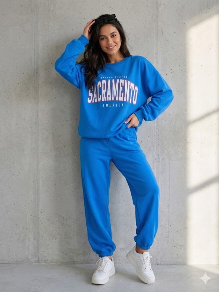 Kadın Mavi Bisiklet Yaka Sweatshirt