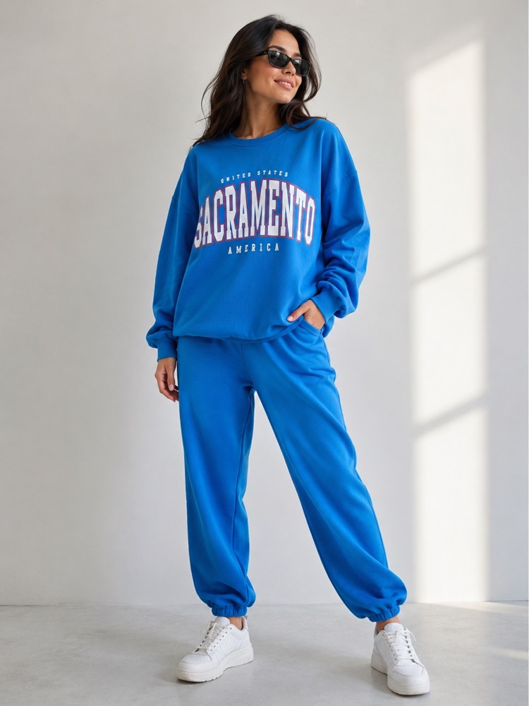 Kadın Mavi Bisiklet Yaka Sweatshirt görsel 2