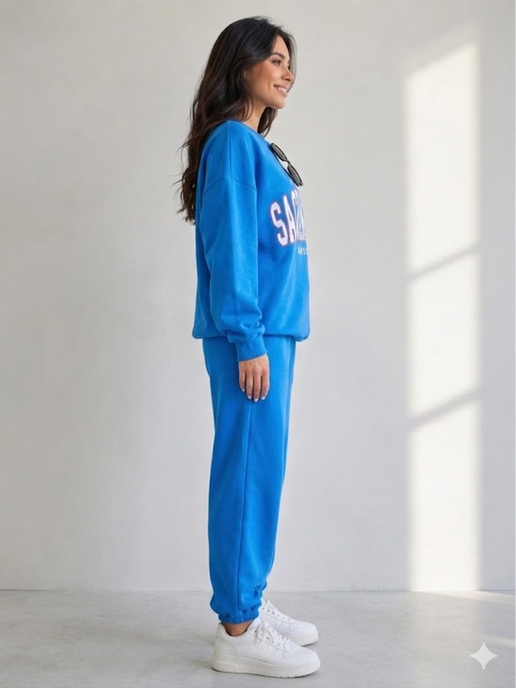 Kadın Mavi Bisiklet Yaka Sweatshirt görsel 3