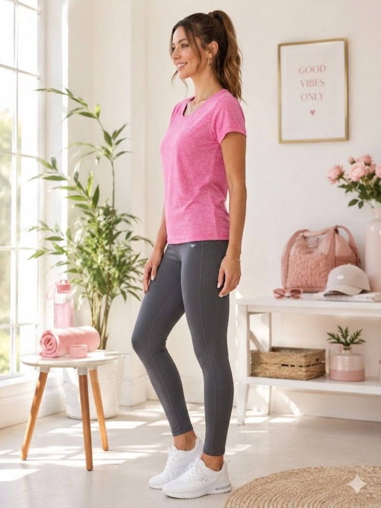 Kadın Pembe Bisiklet Yaka Basic T-Shirt görsel 2