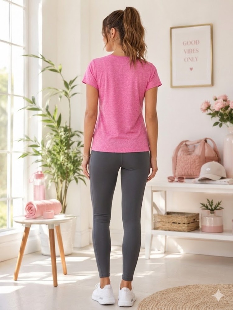 Kadın Pembe Bisiklet Yaka Basic T-Shirt görsel 3