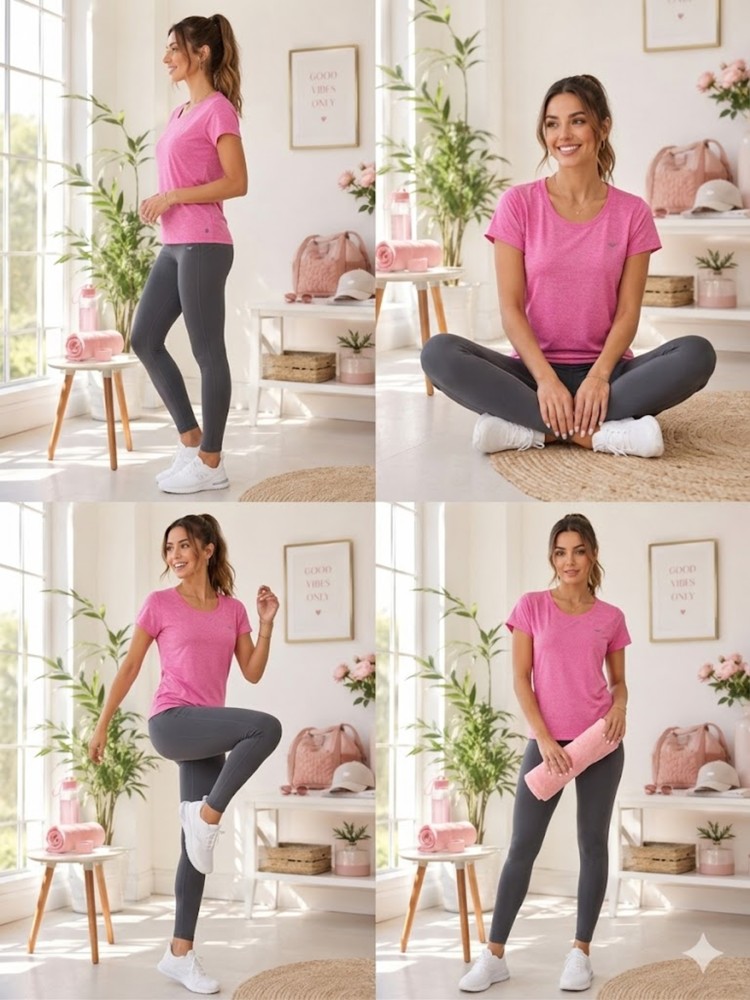Kadın Pembe Bisiklet Yaka Basic T-Shirt görsel 4