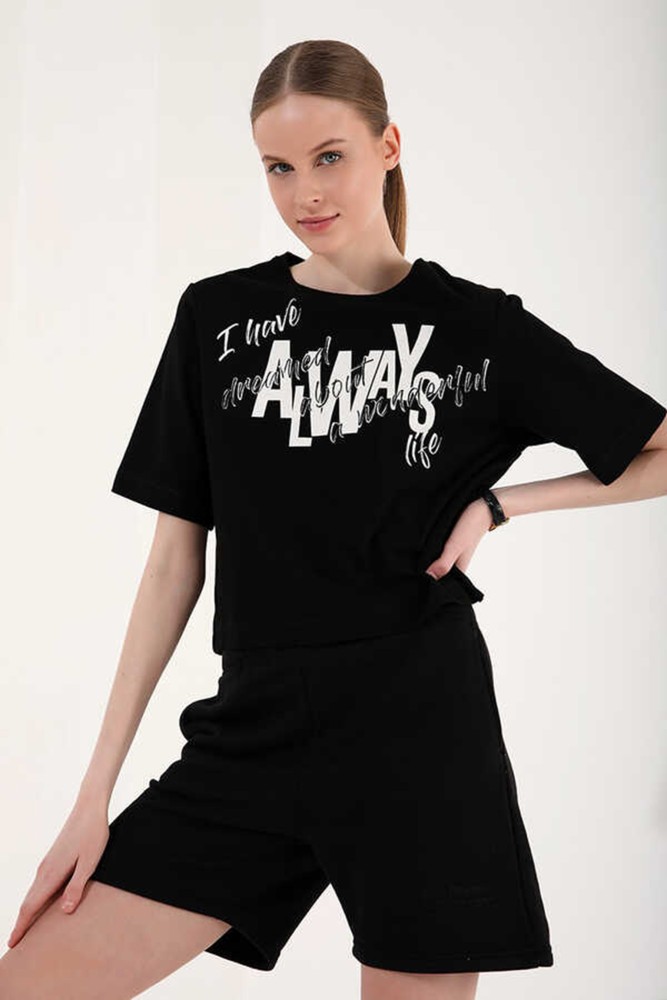Kadın Siyah Baskılı Drop T-Shirt